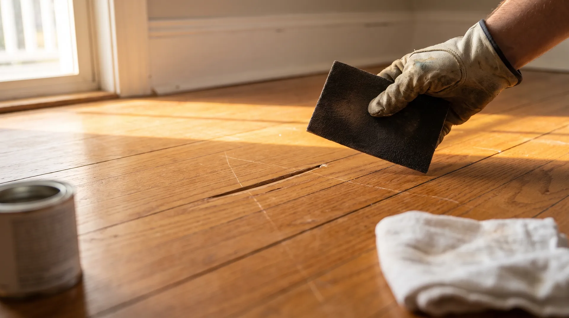 Gloved hand holding a fine sanding pad above a scratch in a sunlit oak hardwood floor