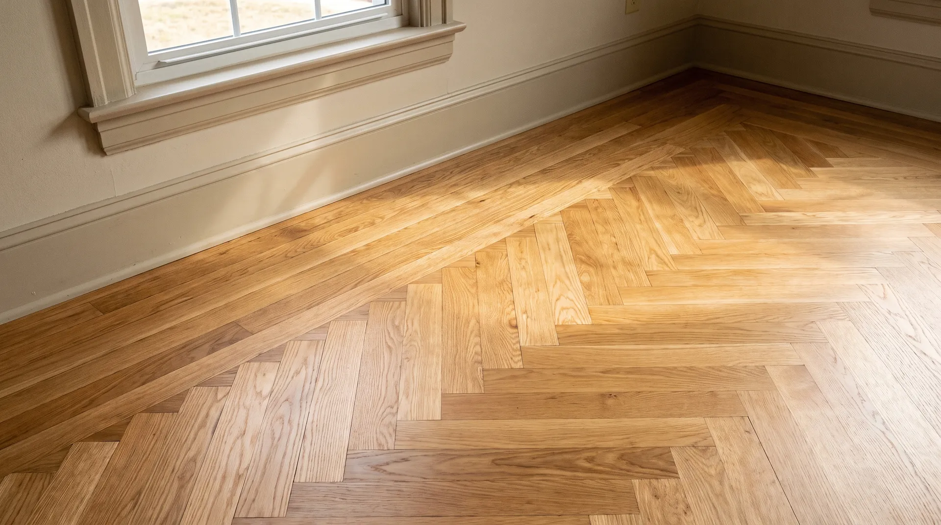 Satin-finished oak floor where a herringbone pattern meets a straight-laid border beside a sunny window