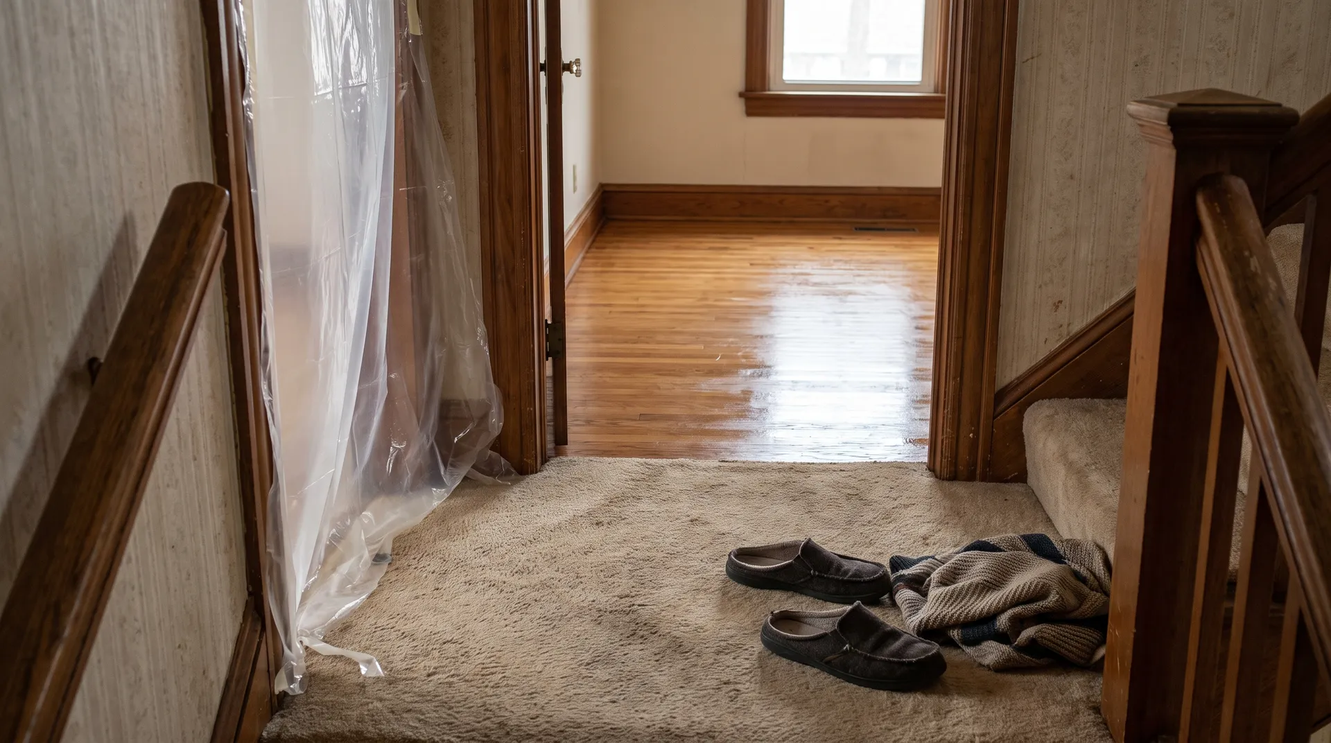 Upstairs hallway looking into a room with a freshly refinished oak floor, plastic sheeting hung by the doorway