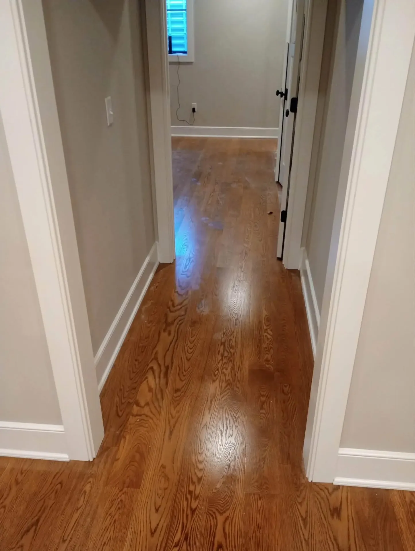 Warm brown stained oak floor running down a hallway with white trim