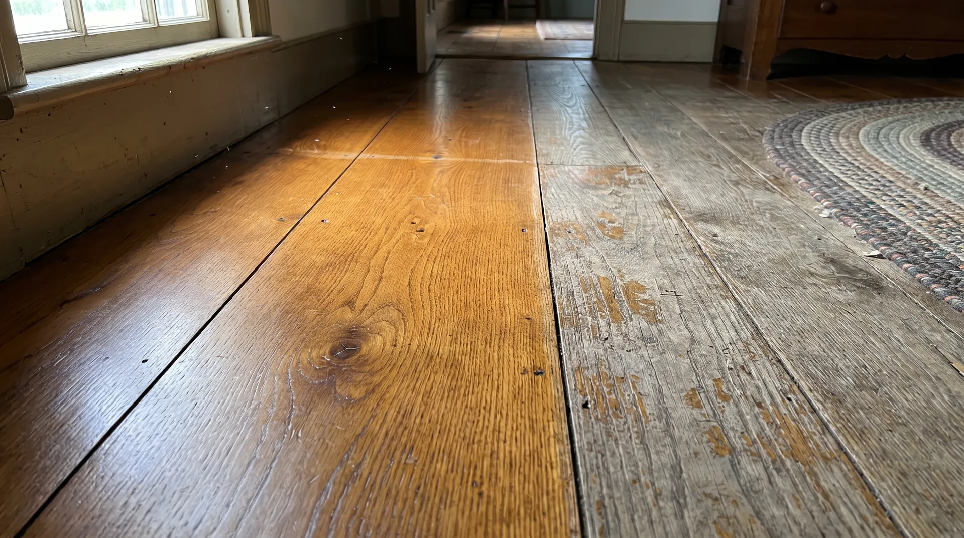 Wide-plank farmhouse hallway floor with freshly refinished oak boards next to worn, gray unfinished boards