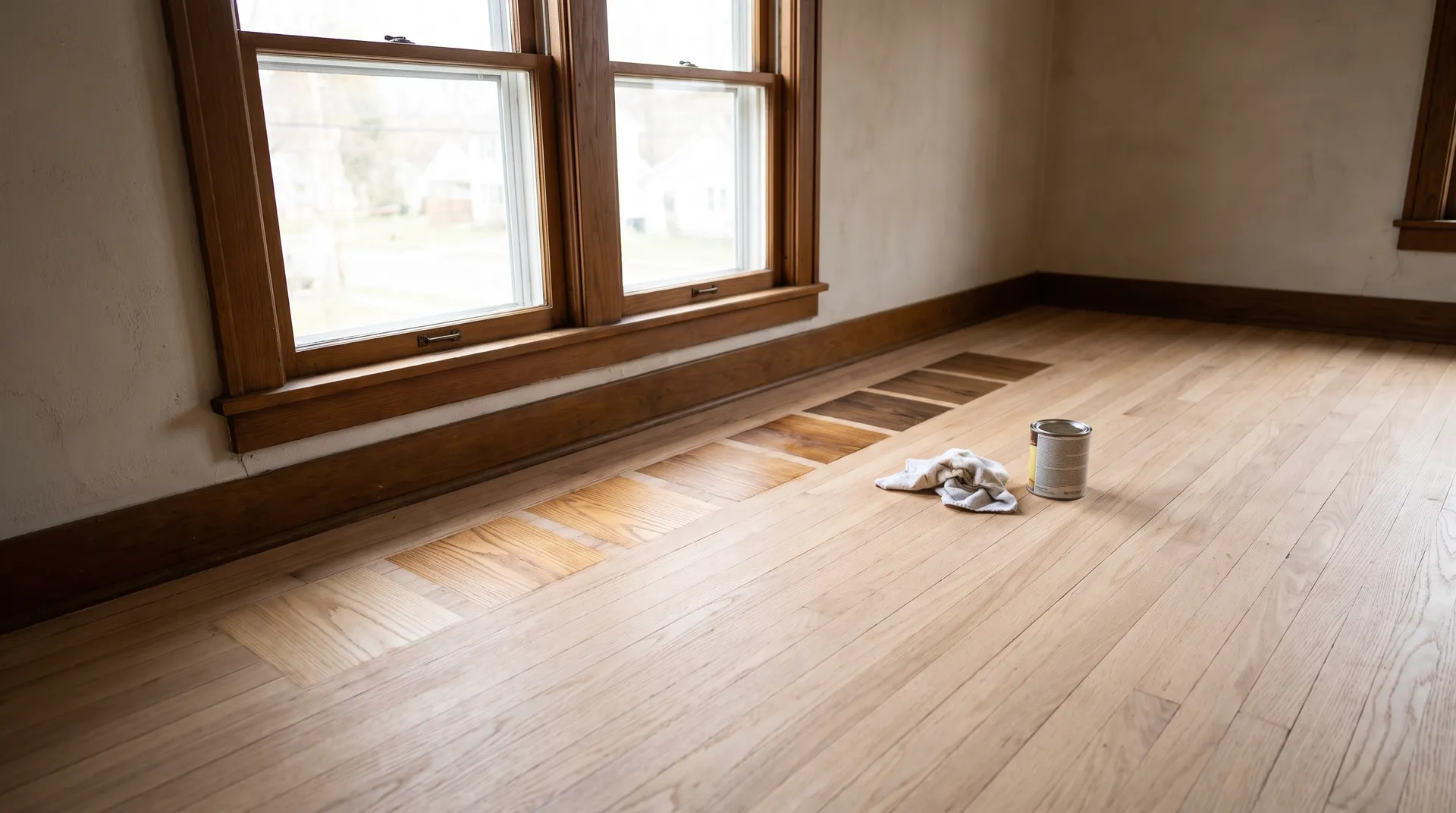 Freshly sanded oak floor with stain test patches from light to dark beside a window, with a rag and stain can